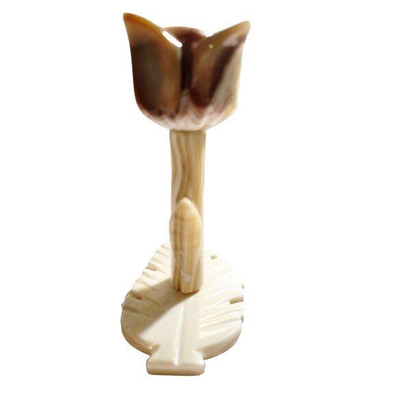 Vintage Beige and Brown Onyx Tulip Flower Candlestick Holder with Leaf Base - Picture 4 of 10
